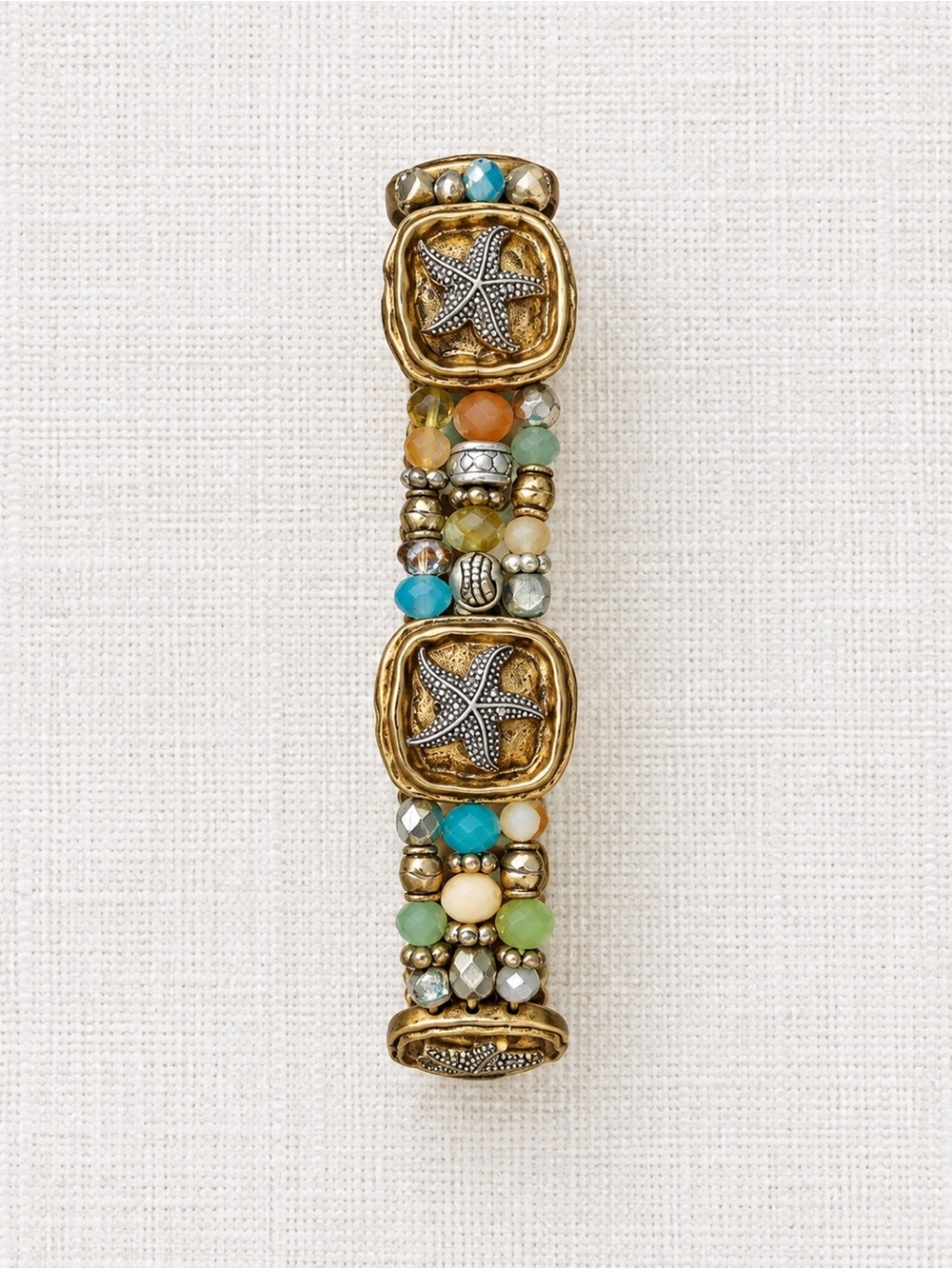 Gold Tone Starfish Multicolor Beaded Stretch Statement Bracelet